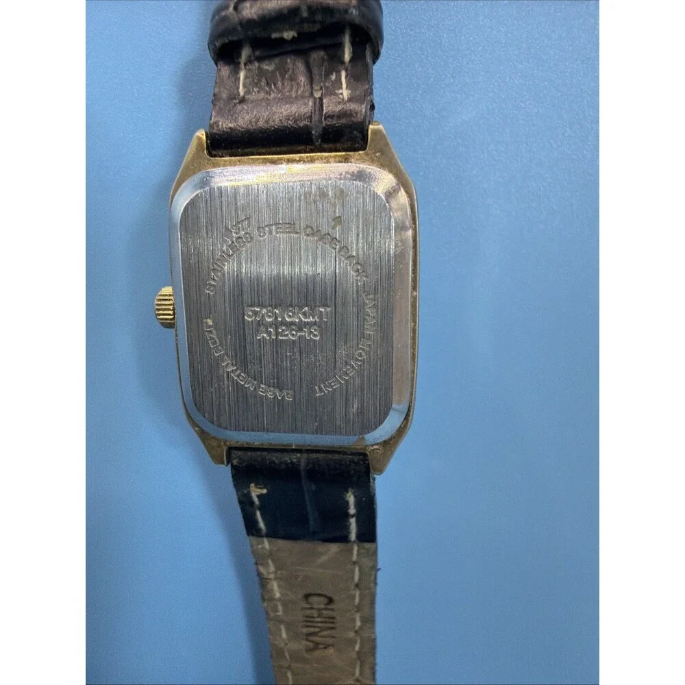 Women's Gold Tone Rectangle Quartz Watch Black Band 57818KMT New Battery